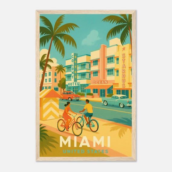 Miami Florida Vintage Travel Poster Art Deco Wall Print Ocean Drive And Retro Bicycles Illustration Usa Decor