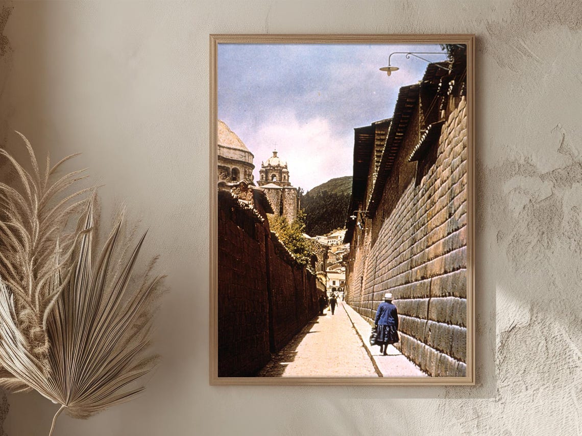 Peru Cusco Inca Stone Wall Street Colonial Churches Vintage Poster