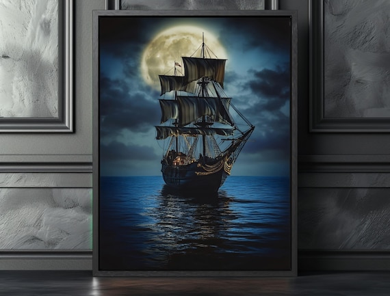 Moonlit Pirate Ship Sailing Dark Ocean Vintage Nautical Fantasy Poster