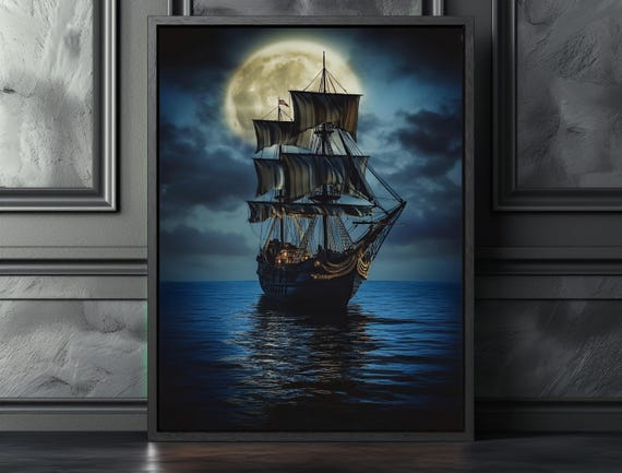 Pirate Ship Wall Art Moody Moonlit Ocean Canvas Print Nautical Sailing Decor Dark Sea Adventure Artwork Framed Maritime Fantasy Scene
