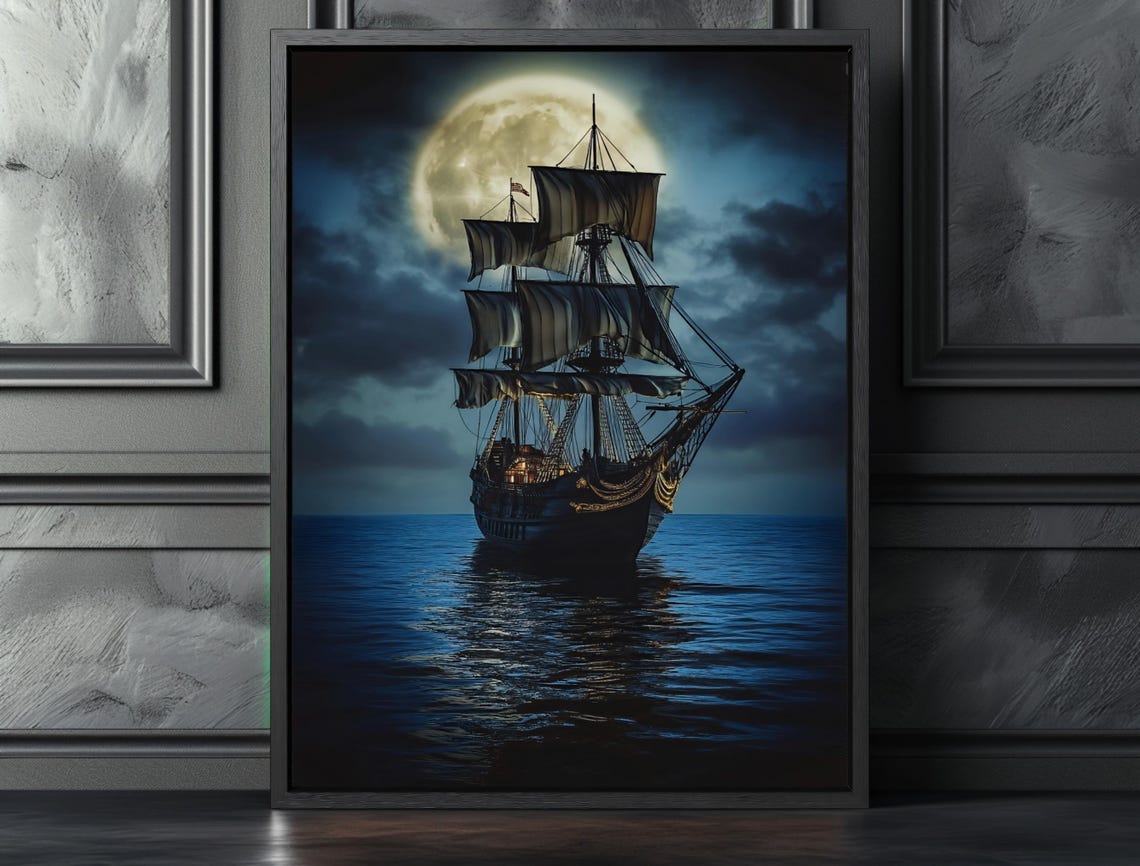 Moonlit Pirate Ship Sailing Dark Ocean Vintage Nautical Fantasy Poster