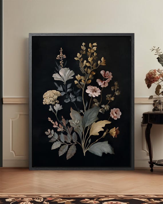 Dark Canvas Print Heritage Botanical Floral Wall Art Dramatic Antique Style