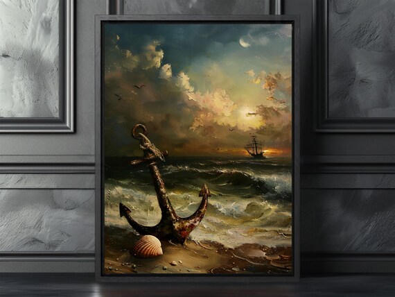 Rustic Anchor on the Shore with Sailing Ship Sunset Seascape Poster