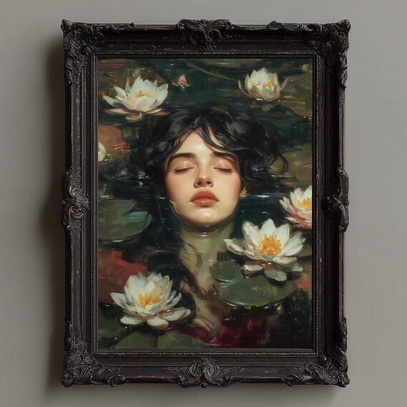 Woman Among Water Lilies Moody Dark Oil Painting Portrait Poster