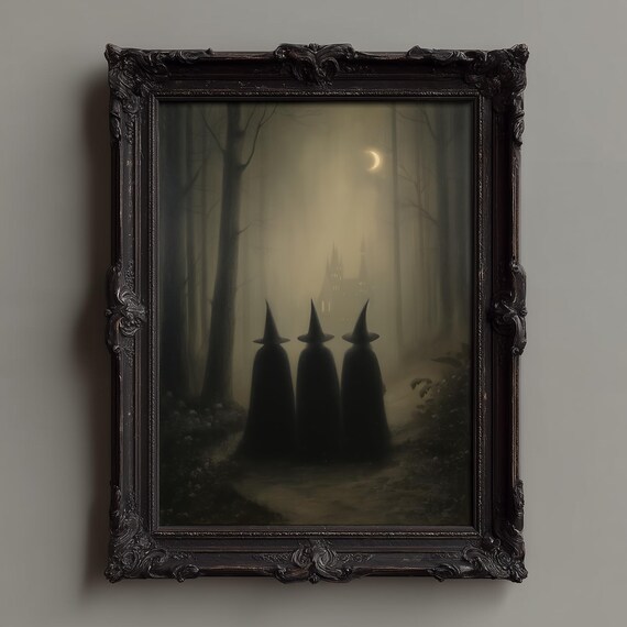 Three Witches Walking To Castle Under Moon Gothic Art Poster