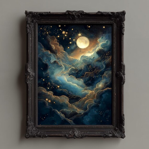 Full Moon and Golden Stars in an Engraved Night Cloud Sky Poster