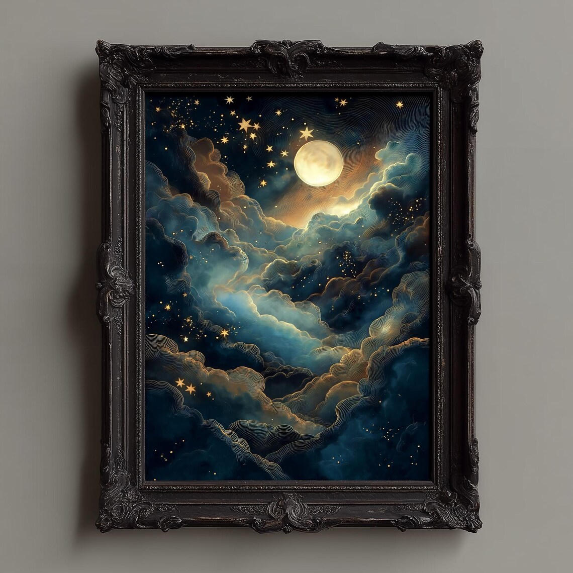 Full Moon and Golden Stars in an Engraved Night Cloud Sky Poster
