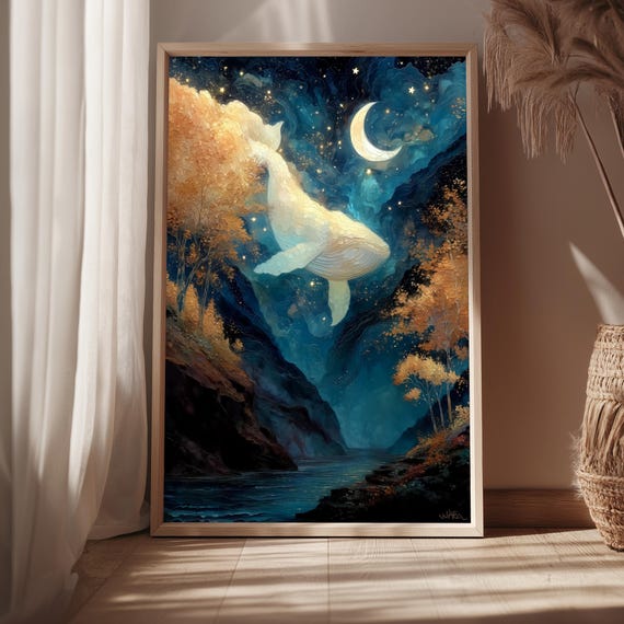 Celestial Whale Art Print Fantasy Night Sky Wall Dreamy Surreal Landscape Moon Stars Mystical Decor