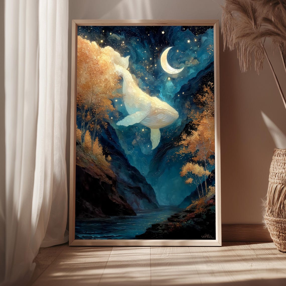 Celestial Whale Flying Night Sky Moon Stars Dreamy Ocean Poster