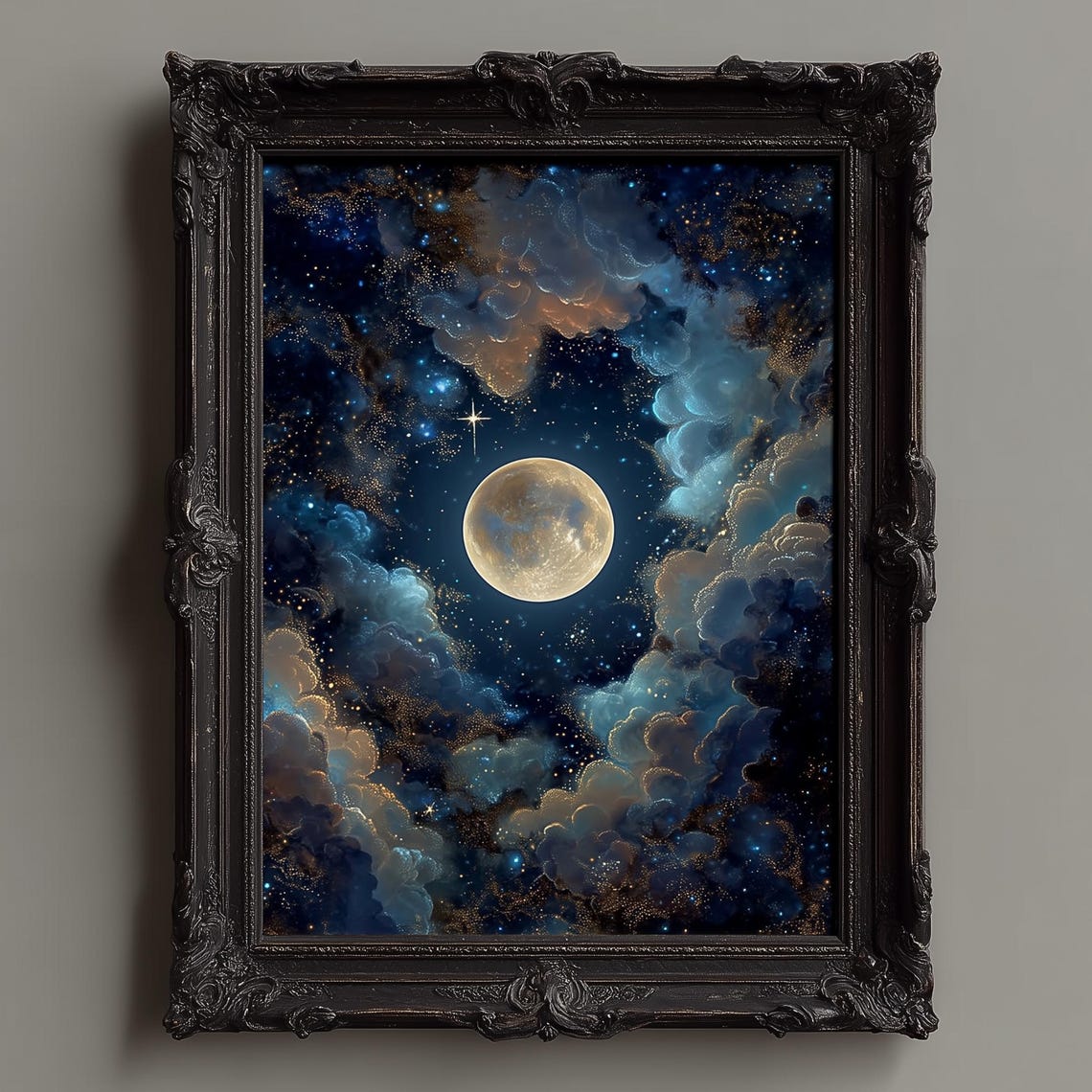 Enchanted Full Moon Glowing in a Starry Night Cloud Sky Poster