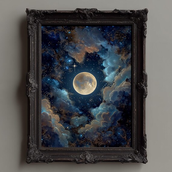 Enchanted Full Moon Glowing in a Starry Night Cloud Sky Poster