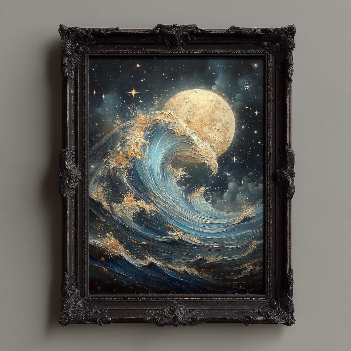 Full Moon Rising Over a Crashing Golden Ocean Wave Night Poster