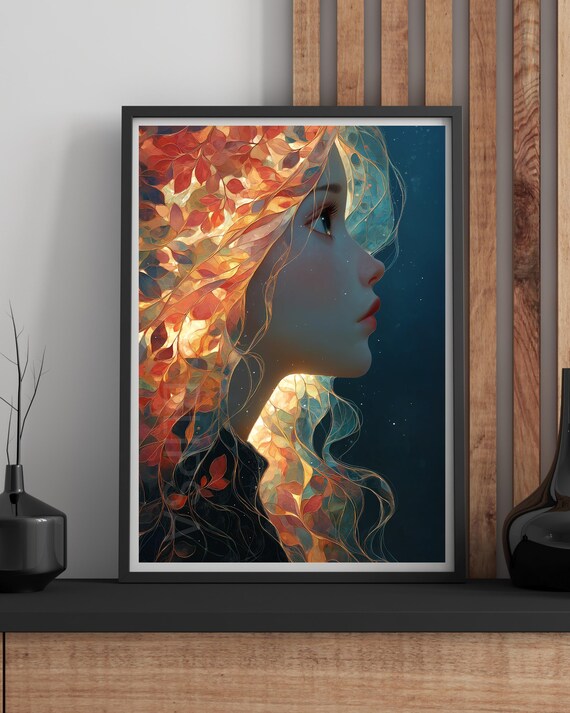 Cosmic Goddess with Autumn Leaf Hair Dreamy Fantasy Portrait Poster