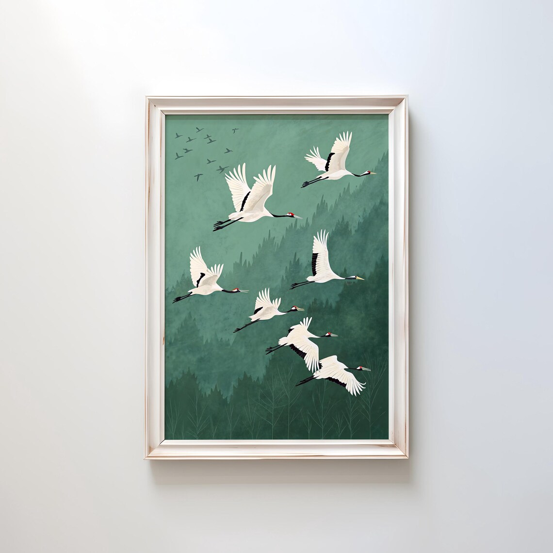 Emerald Cranes Art Print, Japanese Bird Artwork - Image 3