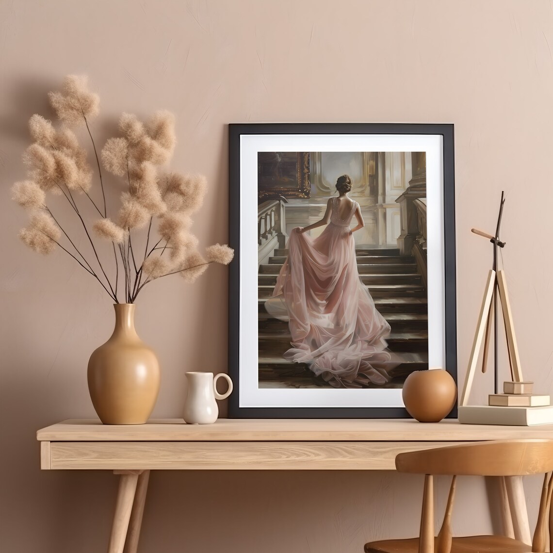 Woman In Blush Pink Gown Ascending Grand Staircase Portrait Poster - Image 3