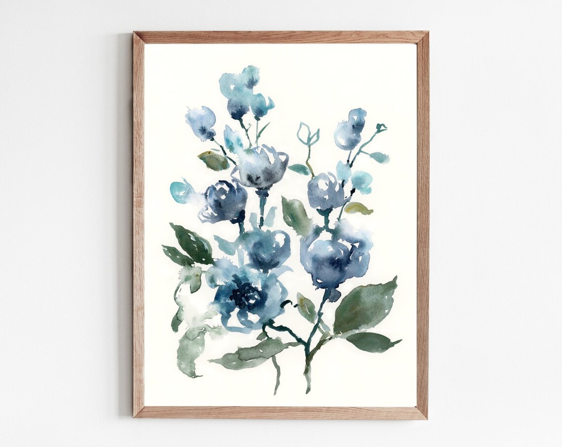 Blue Floral Watercolor Blooms Elegant Botanical Flower Art Print