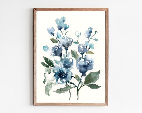 Large Floral Art Print Abstract Rose Painting Light Blue Green Wall Neutral Watercolor Flowers