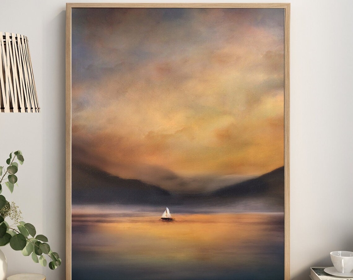 Sailboat Sunset Oil Painting, Lake District Art Print