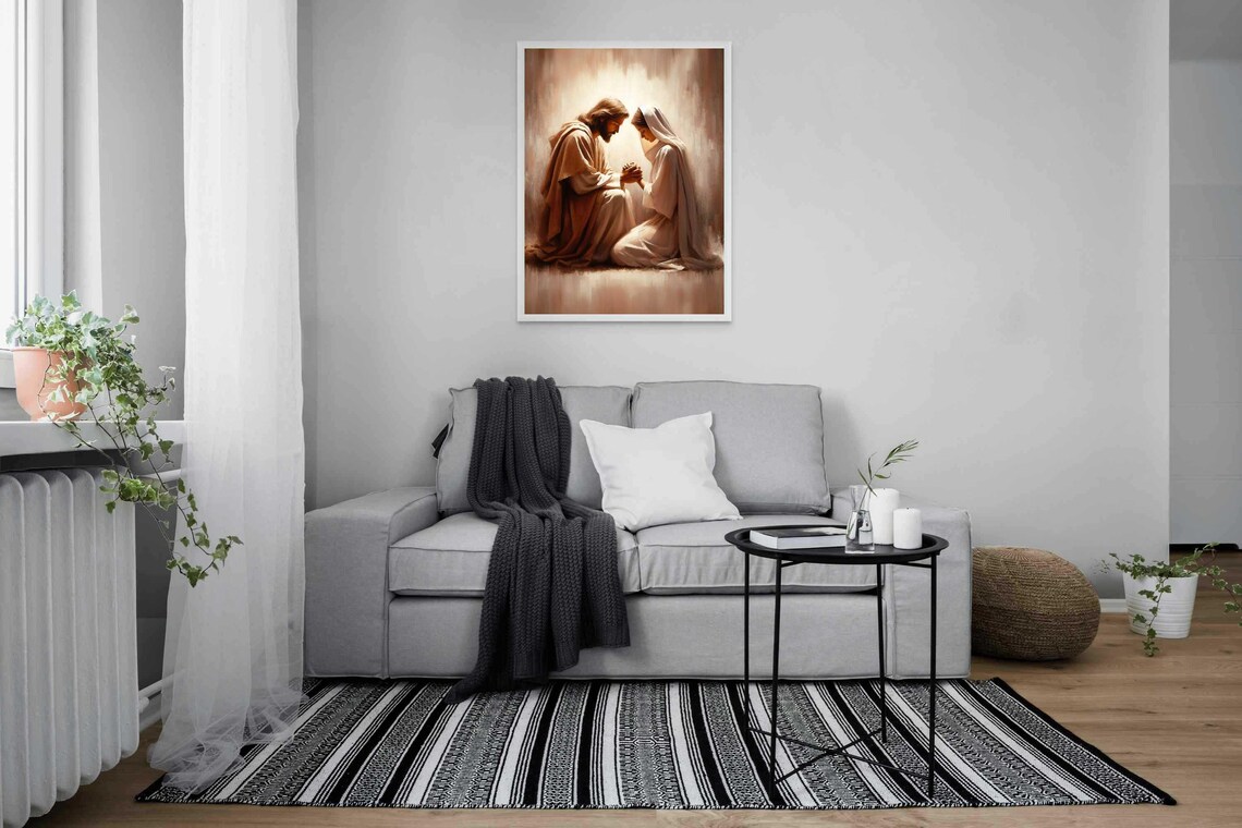 Jesus Kneeling With Woman In Prayer Golden Light Christian Art Poster - Image 4