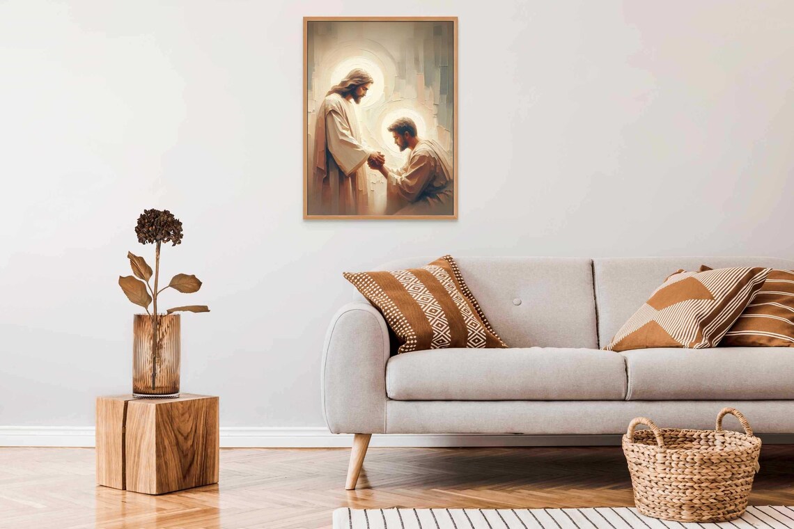 Jesus Holding Kneeling Man's Hands In Prayer With Soft Halo Glow Poster - Image 5