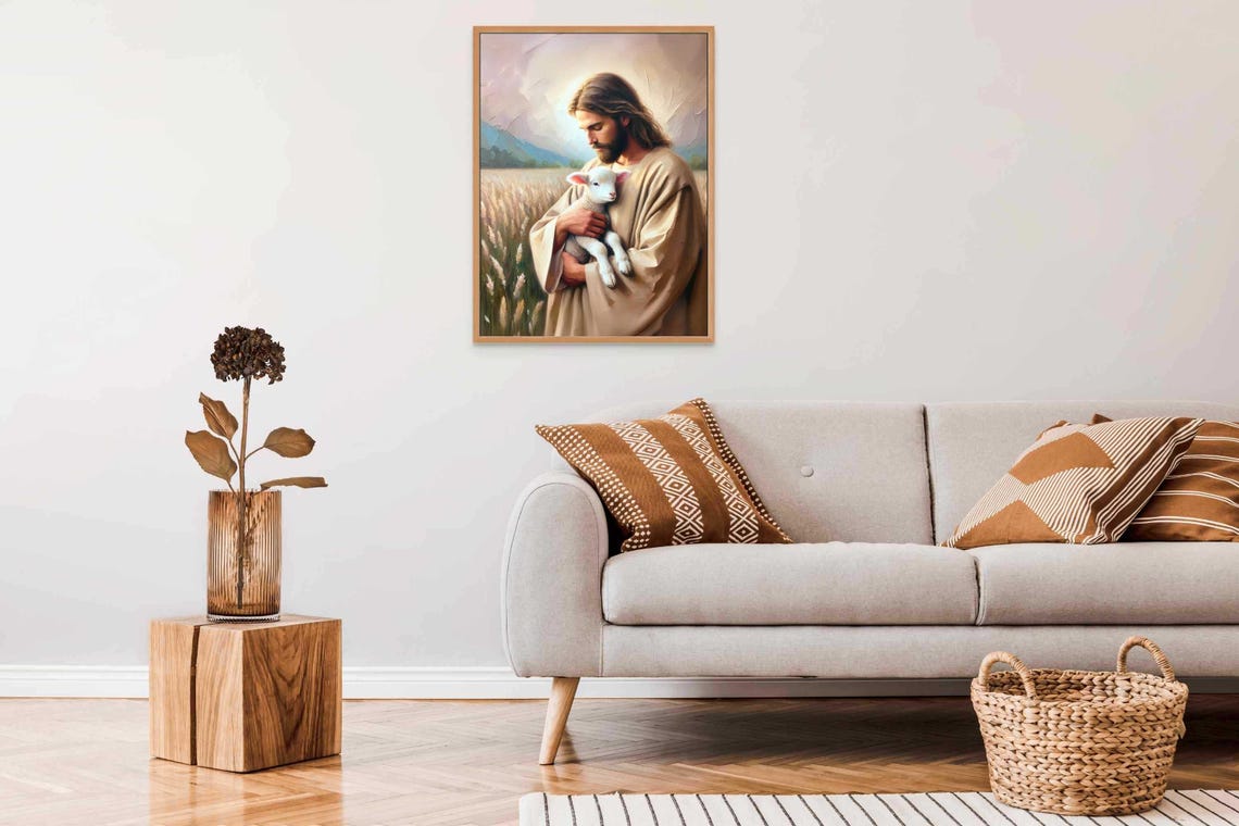 Jesus Holding White Lamb In Wheat Field Good Shepherd Painting Poster - Image 6