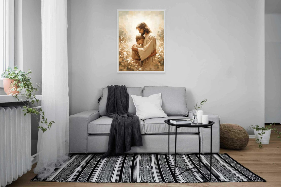 Jesus Embracing Young Boy Among White Blossoms In Soft Light Poster - Image 4