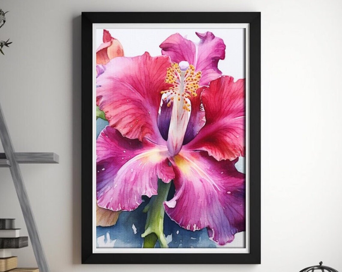 Magenta Hibiscus Flower Watercolor Tropical Botanical Art Print