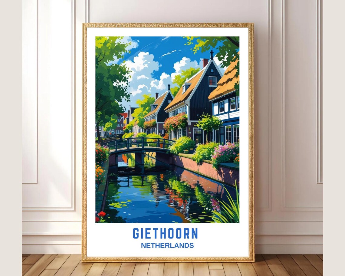 Giethoorn Netherlands Flower Canal Bridge Village Travel Poster