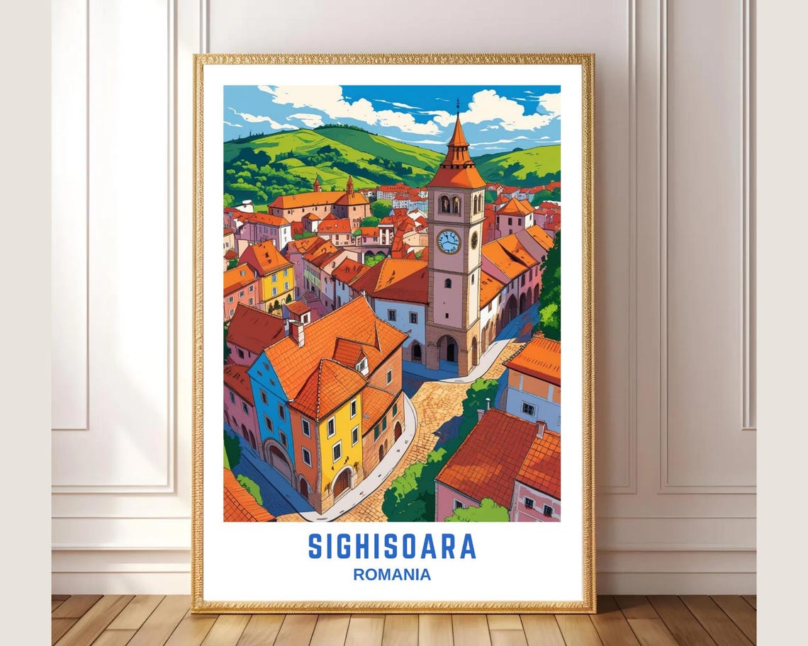 Sighisoara Romania Medieval Old Town Clock Tower Travel Poster