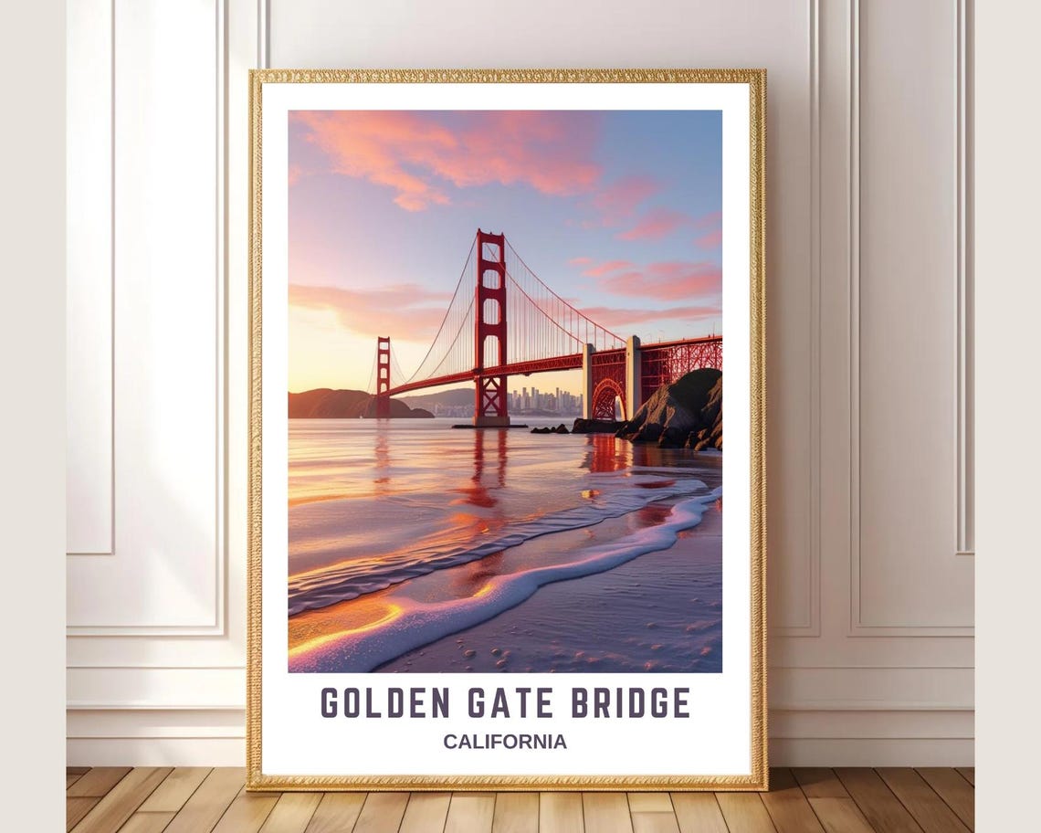 Golden Gate Bridge California Sunset Skyline Bay Waves Art Poster