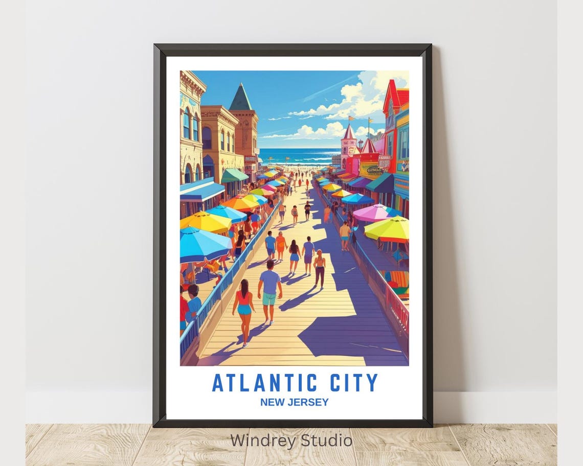 Atlantic City New Jersey Boardwalk Summer Crowd Seaside Scene Poster