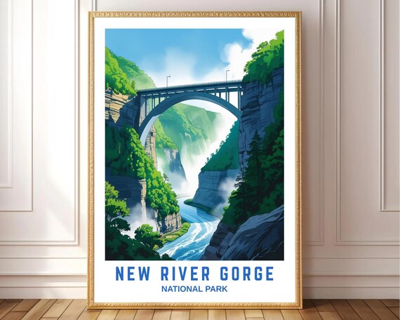 New River Gorge National Park Bridge Waterfall Vintage Travel Poster
