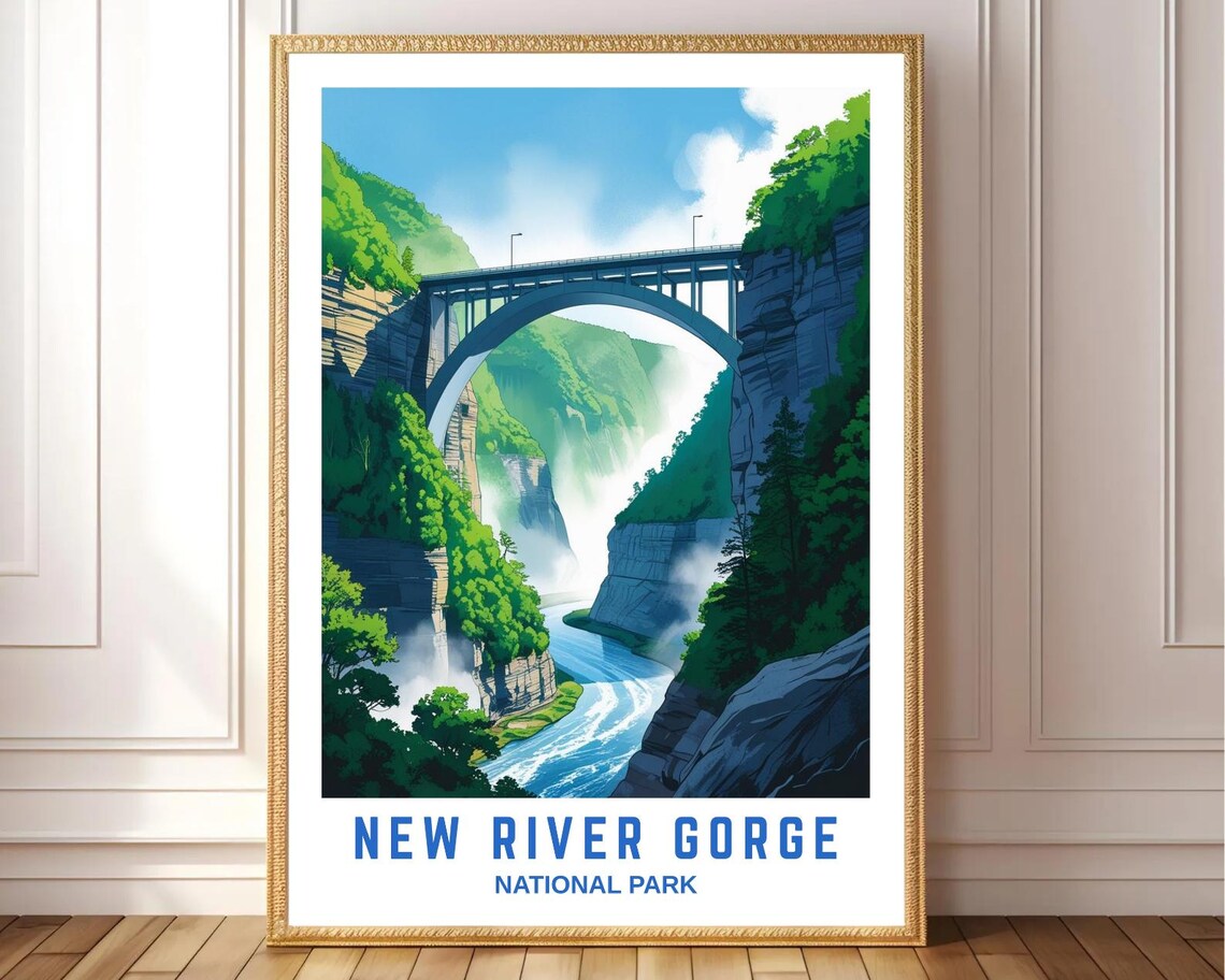 New River Gorge National Park Bridge Waterfall Vintage Travel Poster