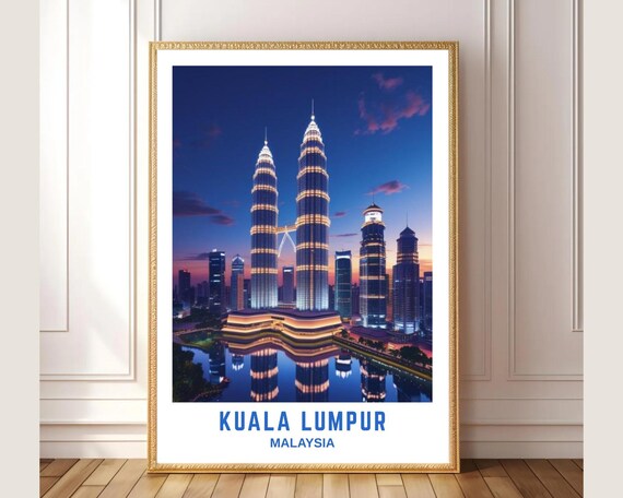 Kuala Lumpur Malaysia Travel Poster Petronas Twin Towers Night Skyline