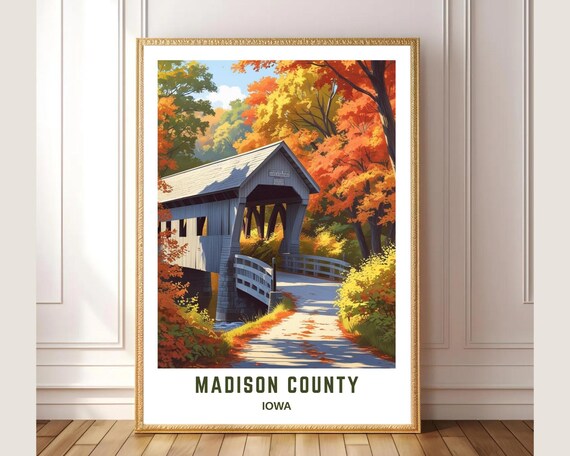 Madison County Iowa Covered Bridge Autumn Foliage Scenic Art Poster