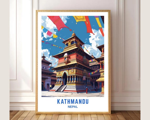 Kathmandu Nepal Travel Poster Print Vintage Temple Wall Art Colorful Cityscape Illustration Home Decor