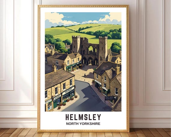Helmsley Wall Art Print North Yorkshire Travel Poster Vintage Style Town Illustration England Countryside Decor United Kingdom