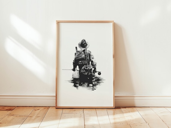 River Man Fly Fishing Art Print, Black White Fisherman