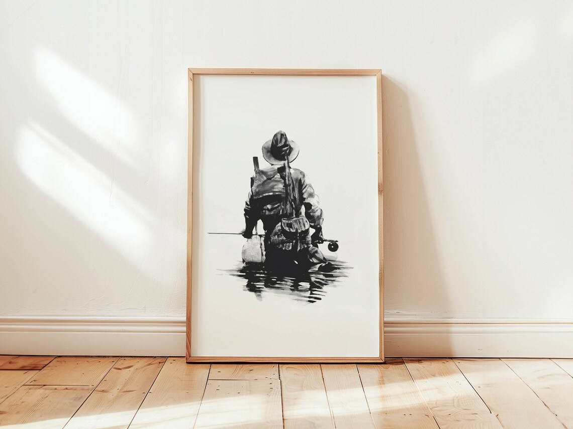River Man Fly Fishing Art Print, Black White Fisherman
