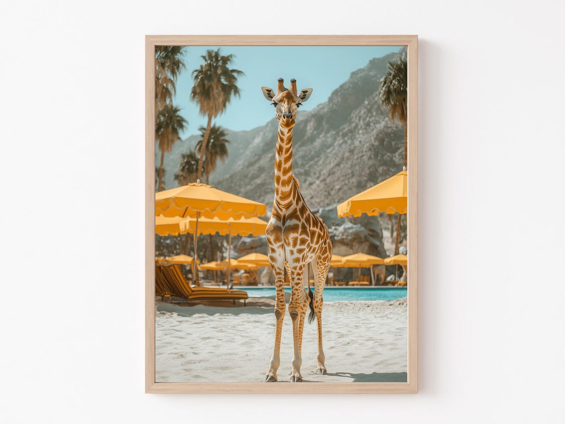 Giraffe Standing by a Resort Pool with Yellow Umbrellas Poster