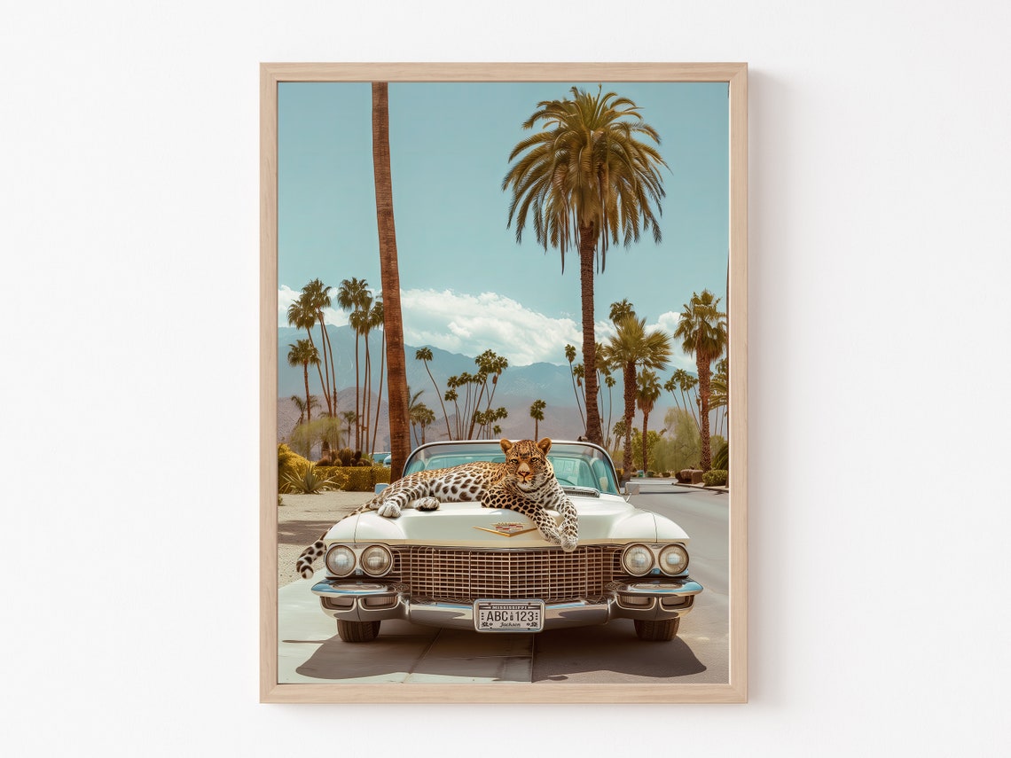 Playful Leopard Stretched Across a Vintage Cream Cadillac Hood Poster