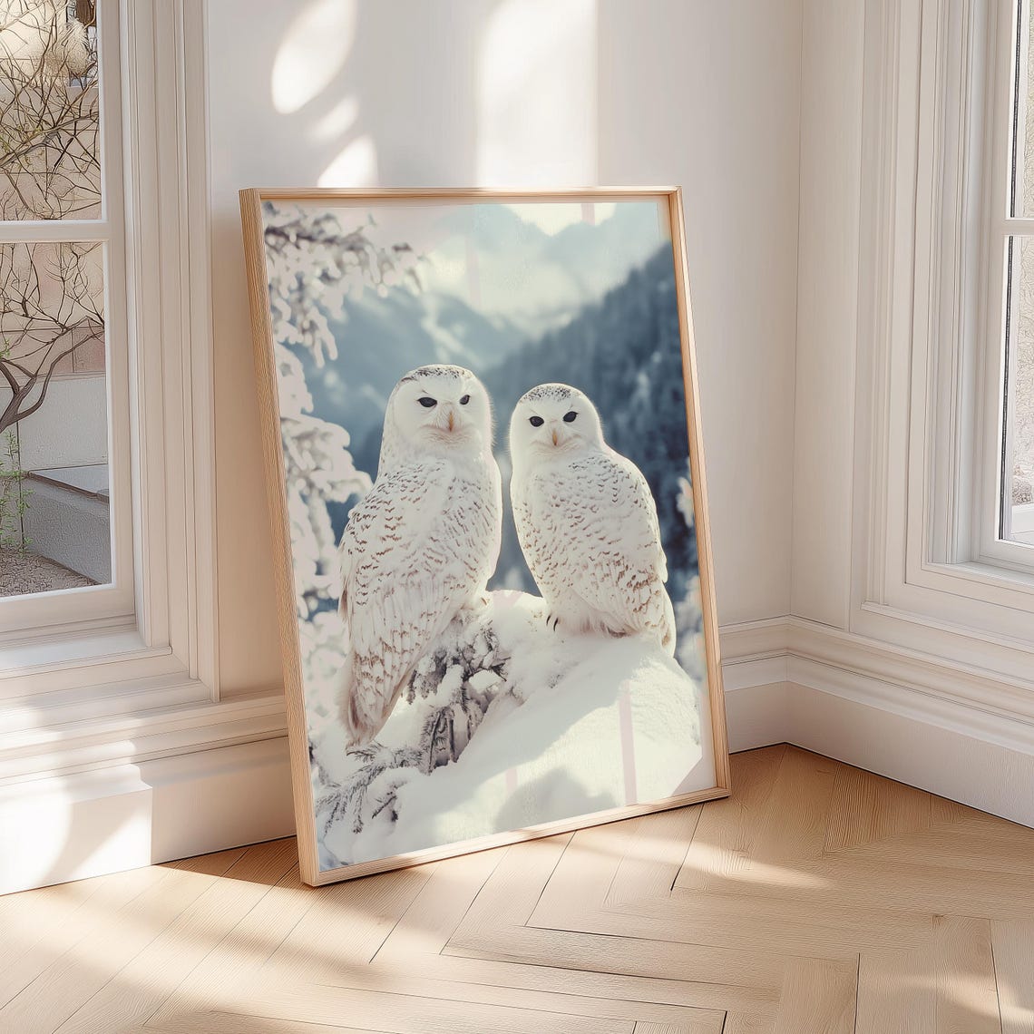 Serene Pair of Snowy Owls Perched on a Frosted Winter Branch Poster - Image 2