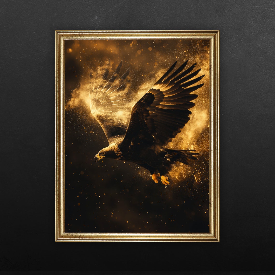 Golden Eagle Soaring Through Golden Dust Dramatic Dark Wall Art - Image 2