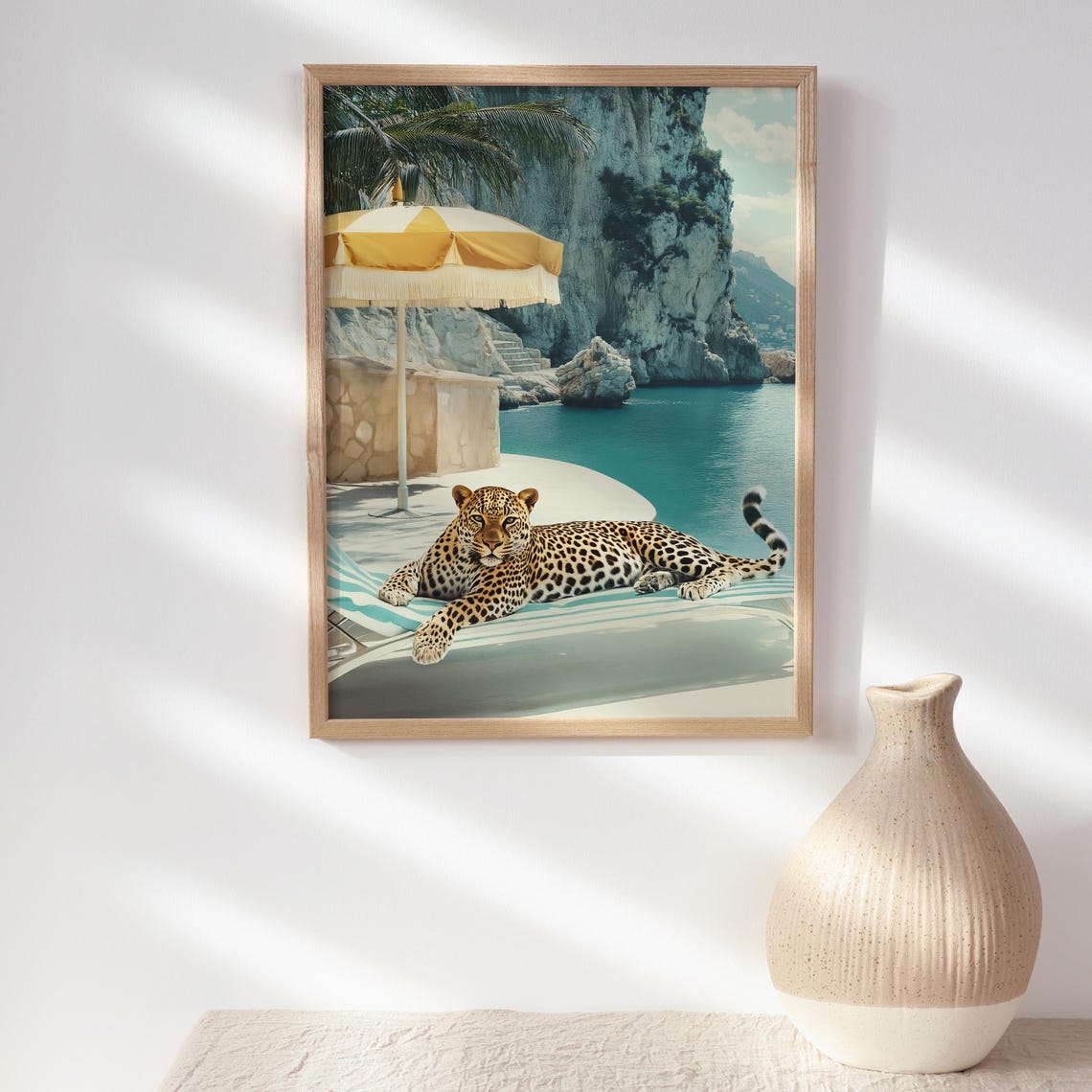 Escapist Leopard Reclining on a Lounger by a Turquoise Cove Poster - Image 2
