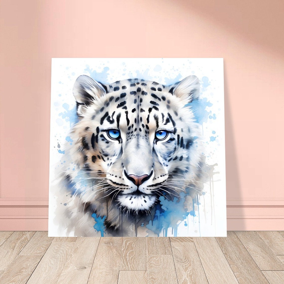 Snow Leopard Portrait With Striking Blue Eyes Watercolour Poster - Image 3
