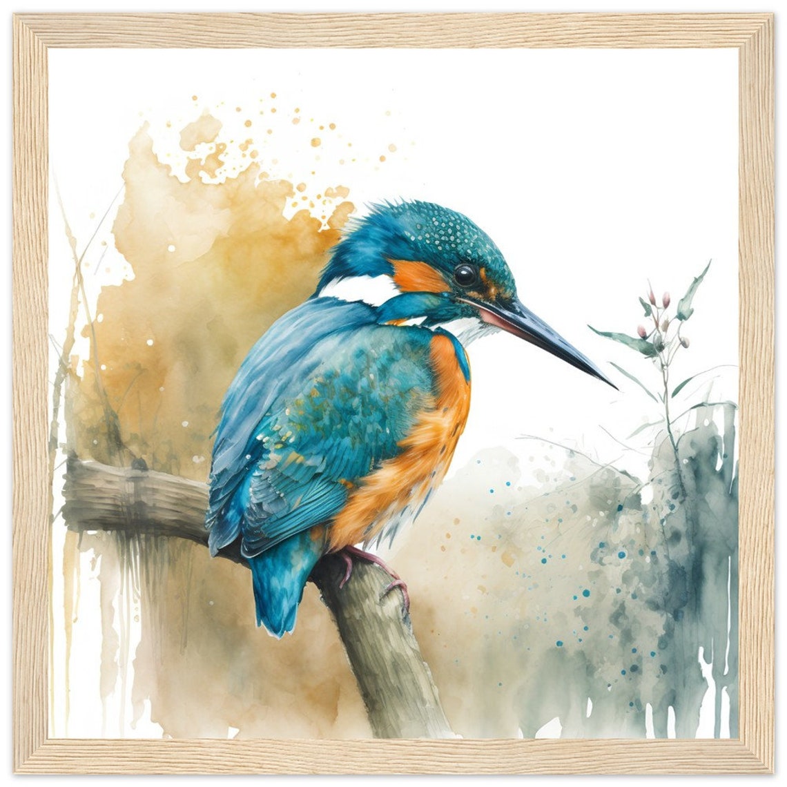 Kingfisher Watercolour Painting Perched Branch Bird Art Poster - Image 2