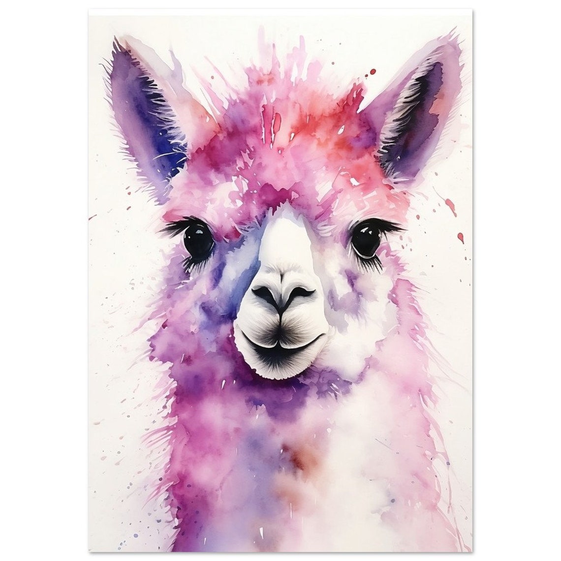 Pink Llama Watercolour Portrait Purple Splash Cute Animal Art Poster
