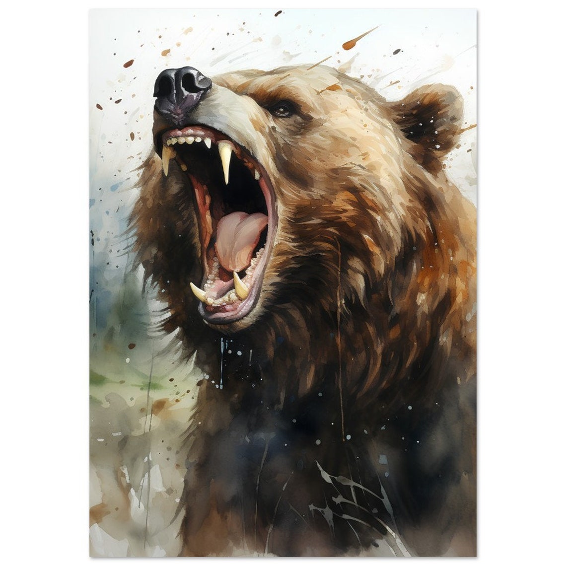 Roaring Grizzly Bear Mouth Open Watercolour Wildlife Animal Poster