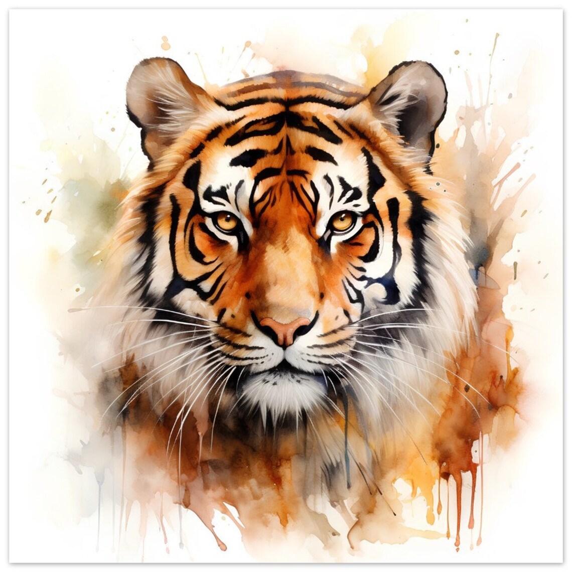 Tiger Face Close Up Golden Eyes Watercolour Wildlife Animal Poster