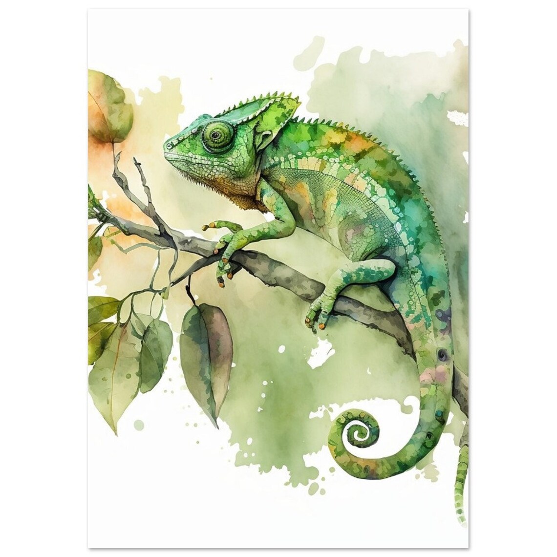 Chameleon Watercolor Art Print, Abstract Modern